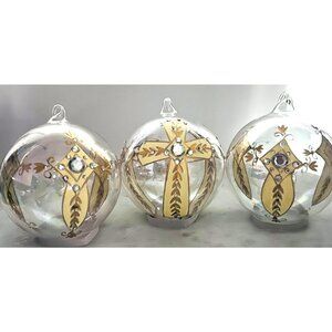 Hand-Blown -Painted slight Iridescent Glass Christmas Ornament Gold & Enamel Cro